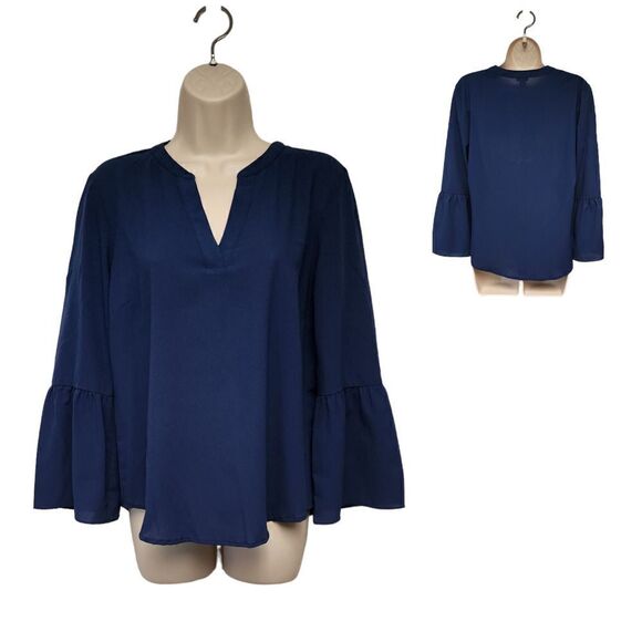 J. CREW NOTCHED V-NECK BELL SLEEVES BLOUSE NAVY BLUE SIZE SMALL - Picture 1 of 7